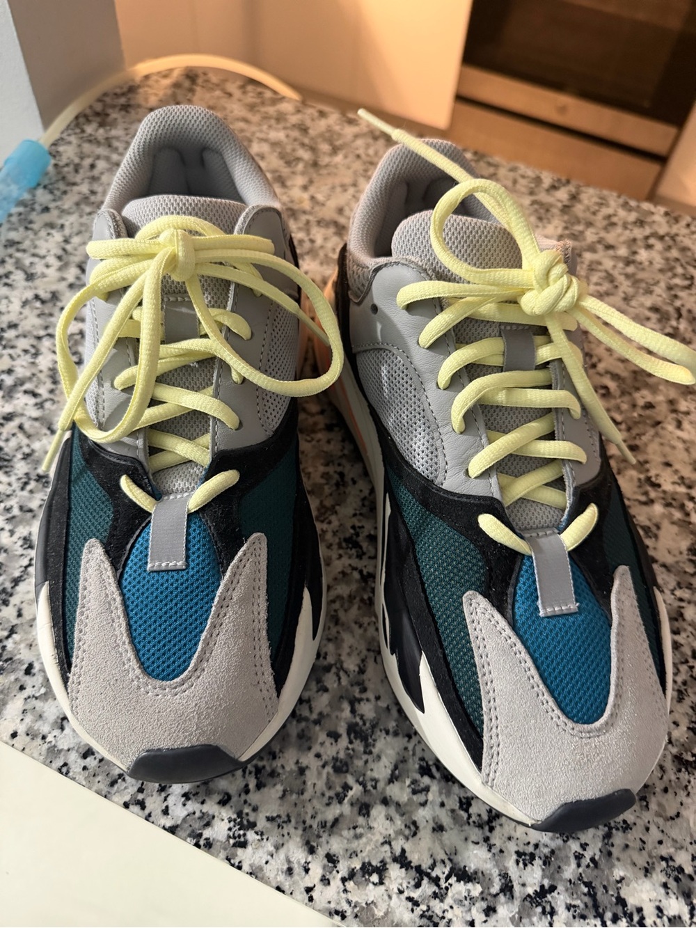 Yeezy Kids Teal Black Gray Sneakers with Neon Yellow Laces